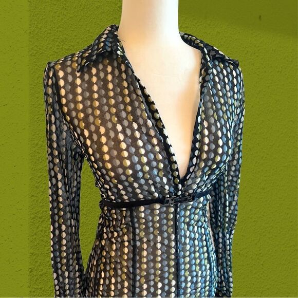 90s vintage Mexx mesh collared shirt deep v neck buckle  detail - Picture 2 of 10